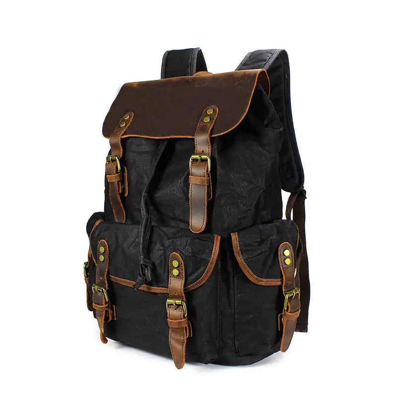 Waxed Canvas Computer Travel Bag with Leather Accents - 20-35L Laptop Backpack for Work & School