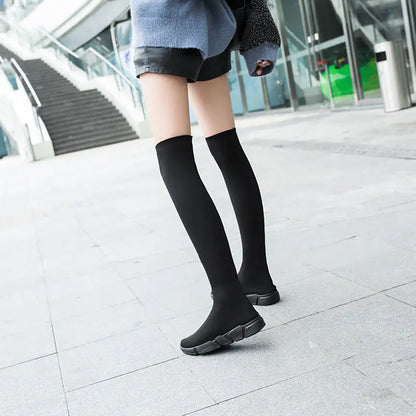 Women's Over The Knee Sock Shoes - Knitted Wool Stretch Slip-On Footwear