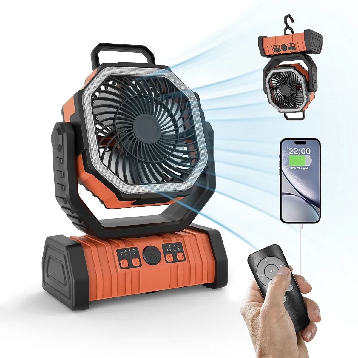 Outdoor Camping Fan with Power Bank and LED Light - Portable 3-Speed Fan