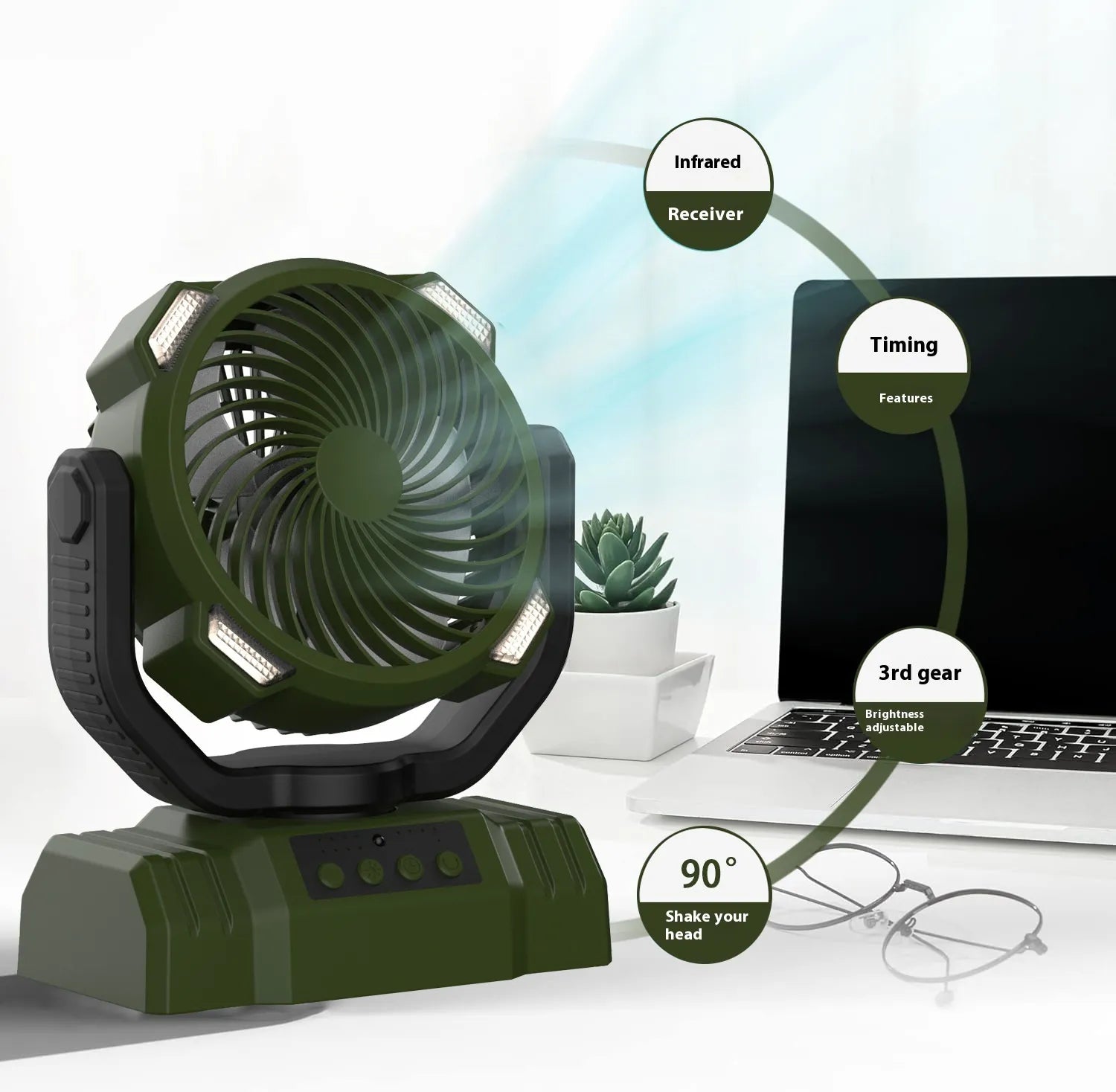 Outdoor Camping Fan with Power Bank and LED Light - Portable 3-Speed Fan