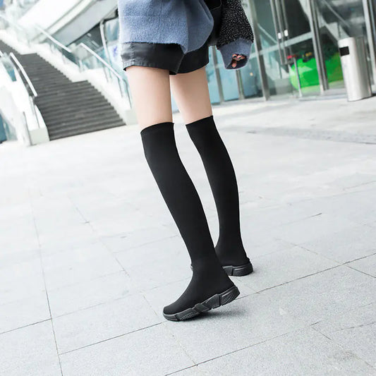 Women's Over The Knee Sock Shoes - Knitted Wool Stretch Slip-On Footwear