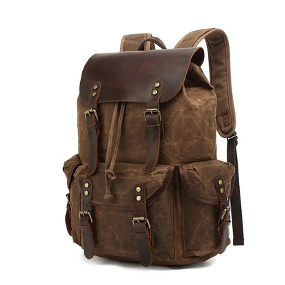 Waxed Canvas Computer Travel Bag with Leather Accents - 20-35L Laptop Backpack for Work & School