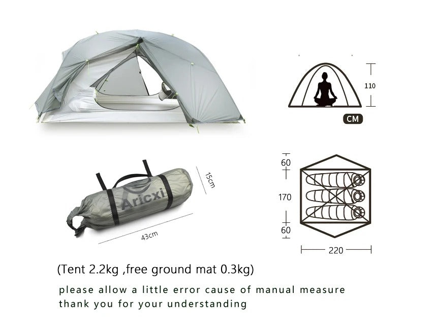 Four Season Double Layer Camping Tent - 2-3 Person Aluminum Pole Waterproof Tent