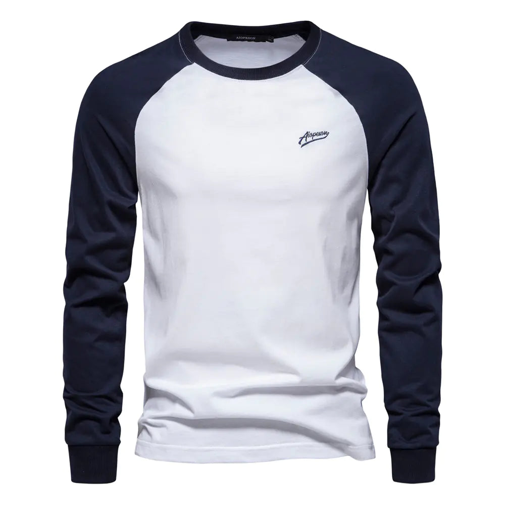 Men's Cotton Long Sleeve Color Block T-Shirt - Casual Comfort & Style