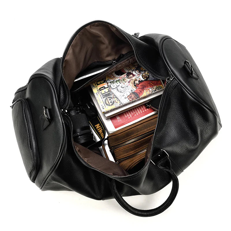 Leather Business Travel Bag - Premium Duffel with Multiple Compartments | Black & Bronze