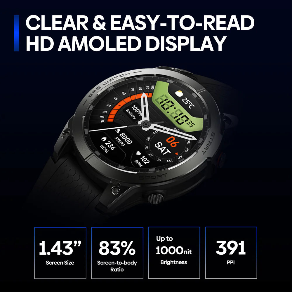 GPS Positioning Sport Smart Watch - Waterproof Fitness Tracker with Heart Rate & Sleep Monitor | AMOLED Display
