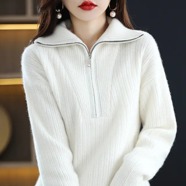 Women's 100% Merino Wool Thick Turtleneck Sweater - Zipper Front, Loose Fit | Winter Warmth