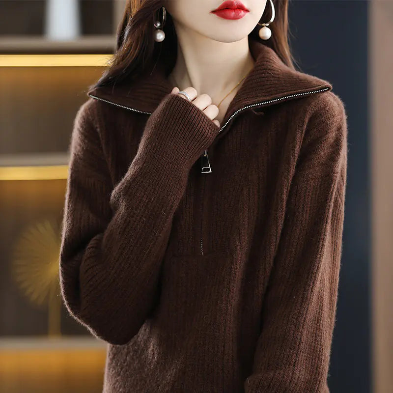 Women's 100% Merino Wool Thick Turtleneck Sweater - Zipper Front, Loose Fit | Winter Warmth