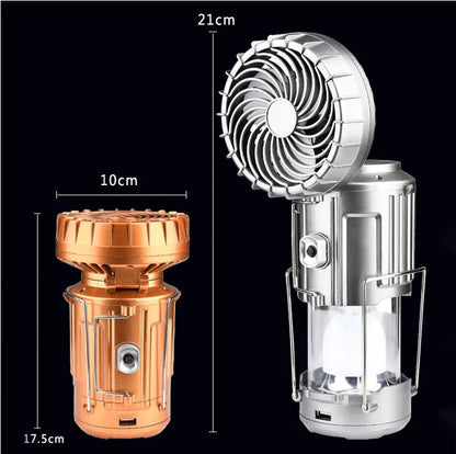 Solar Camping Lantern Fan - 2-in-1 Rechargeable LED Light with Cooling Fan