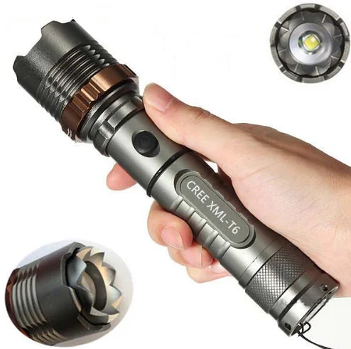 T6 LED Tactical Flashlight - Adjustable Focus Rechargeable Torch with 5 Modes