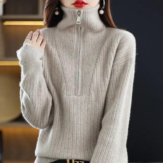 Women's 100% Merino Wool Thick Turtleneck Sweater - Zipper Front, Loose Fit | Winter Warmth