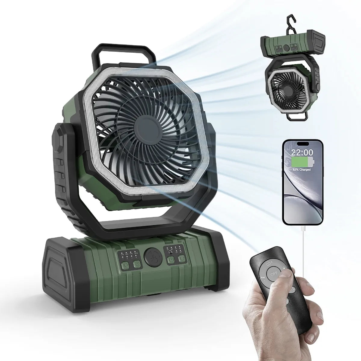 Outdoor Camping Fan with Power Bank and LED Light - Portable 3-Speed Fan