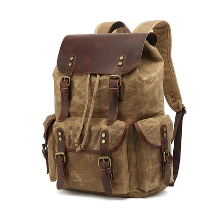 Waxed Canvas Computer Travel Bag with Leather Accents - 20-35L Laptop Backpack for Work & School
