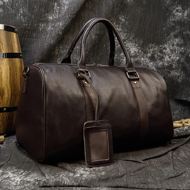Leather Business Travel Bag - Premium Duffel with Multiple Compartments | Black & Bronze