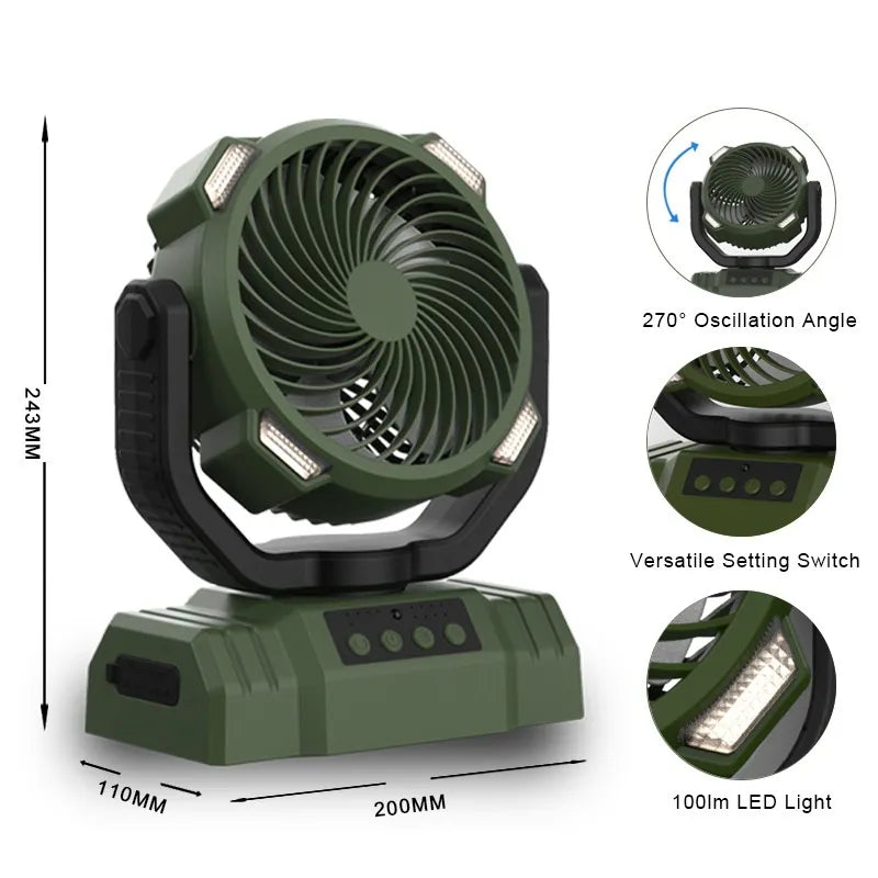 Outdoor Camping Fan with Power Bank and LED Light - Portable 3-Speed Fan