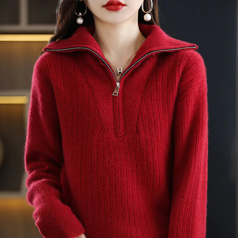 Women's 100% Merino Wool Thick Turtleneck Sweater - Zipper Front, Loose Fit | Winter Warmth