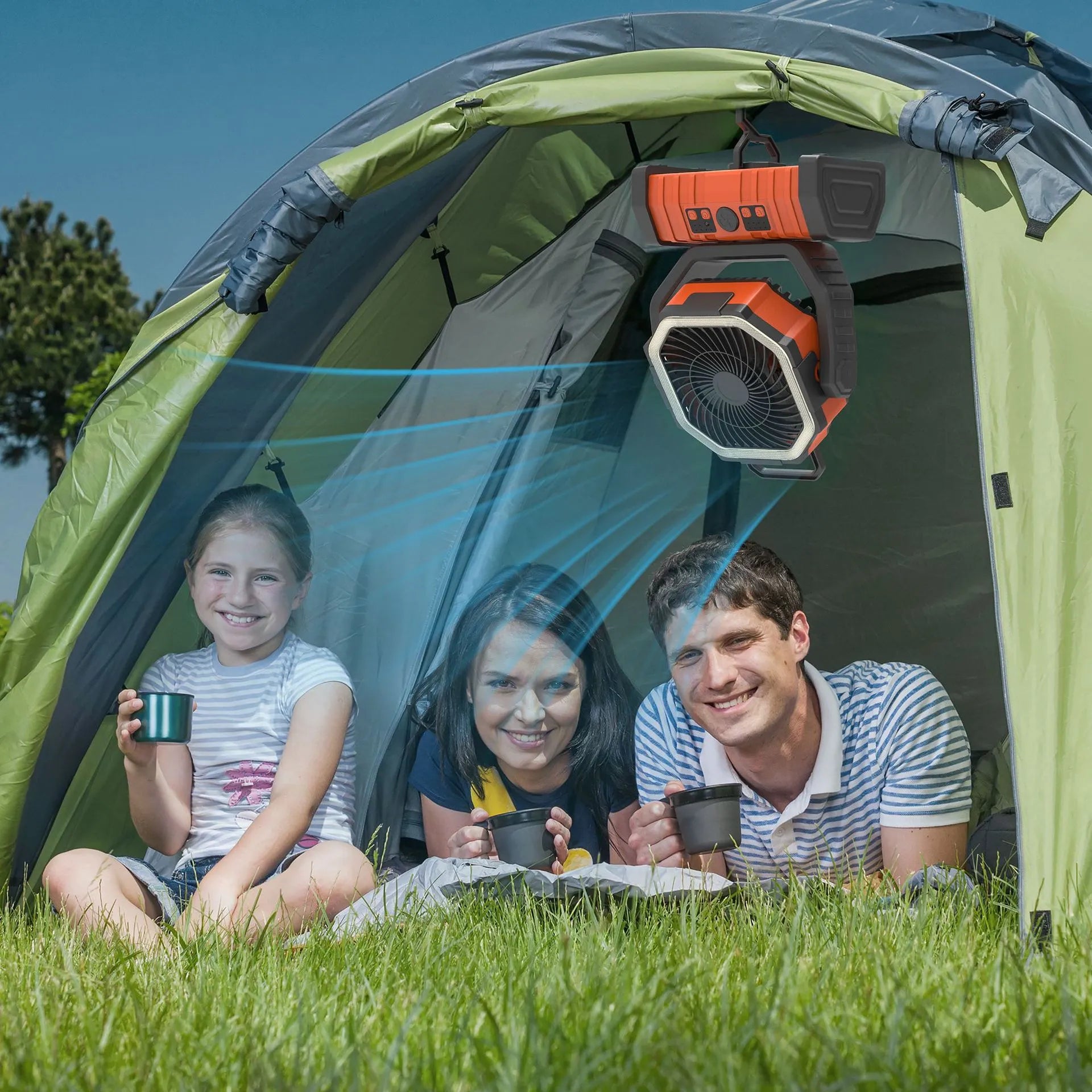 Outdoor Camping Fan with Power Bank and LED Light - Portable 3-Speed Fan