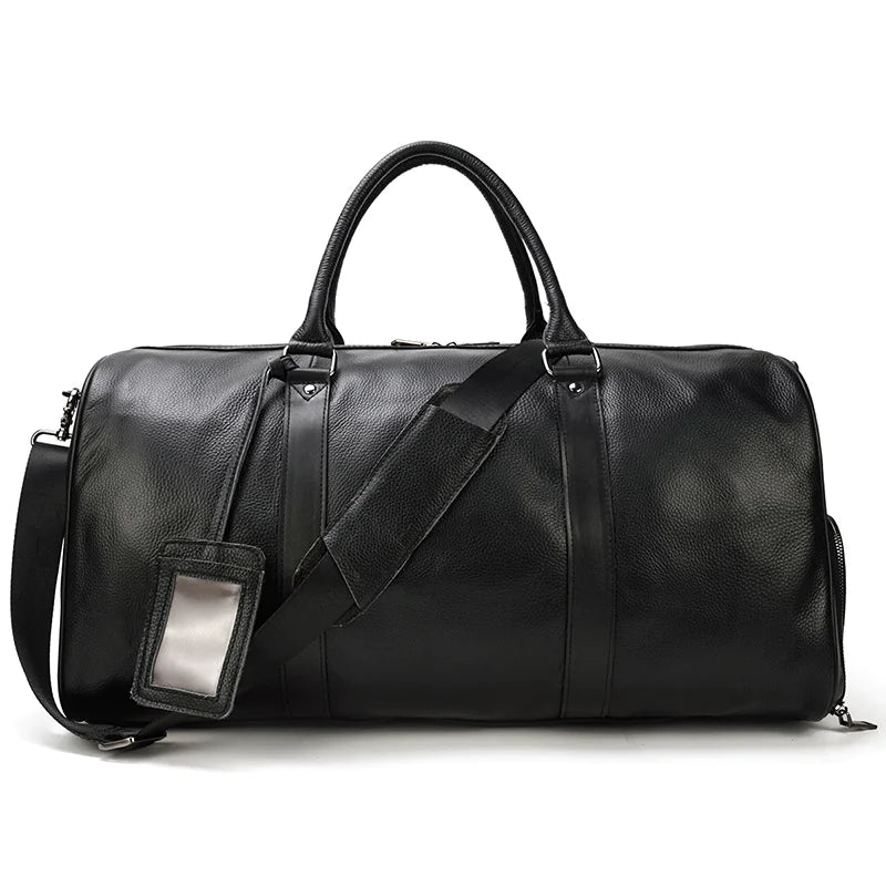 Leather Business Travel Bag - Premium Duffel with Multiple Compartments | Black & Bronze