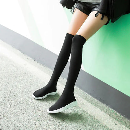 Women's Over The Knee Sock Shoes - Knitted Wool Stretch Slip-On Footwear