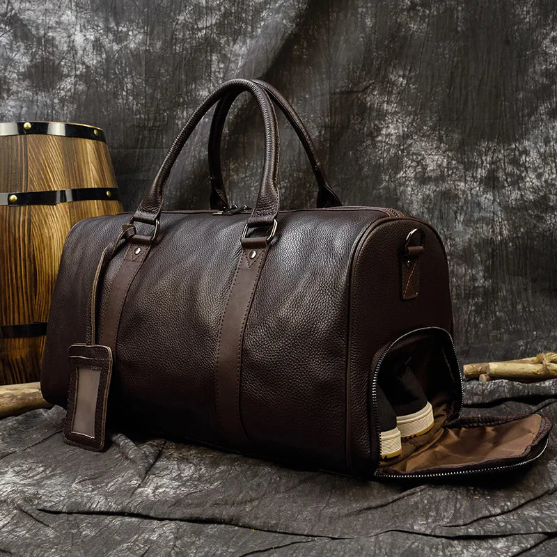 Leather Business Travel Bag - Premium Duffel with Multiple Compartments | Black & Bronze