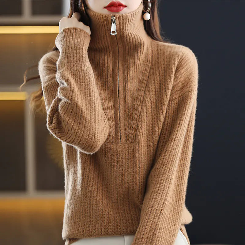 Women's 100% Merino Wool Thick Turtleneck Sweater - Zipper Front, Loose Fit | Winter Warmth