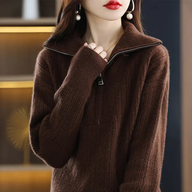 Women's 100% Merino Wool Thick Turtleneck Sweater - Zipper Front, Loose Fit | Winter Warmth
