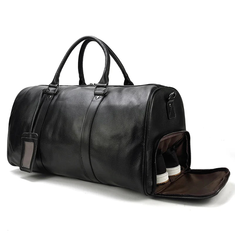 Leather Business Travel Bag - Premium Duffel with Multiple Compartments | Black & Bronze