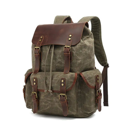 Waxed Canvas Computer Travel Bag with Leather Accents - 20-35L Laptop Backpack for Work & School