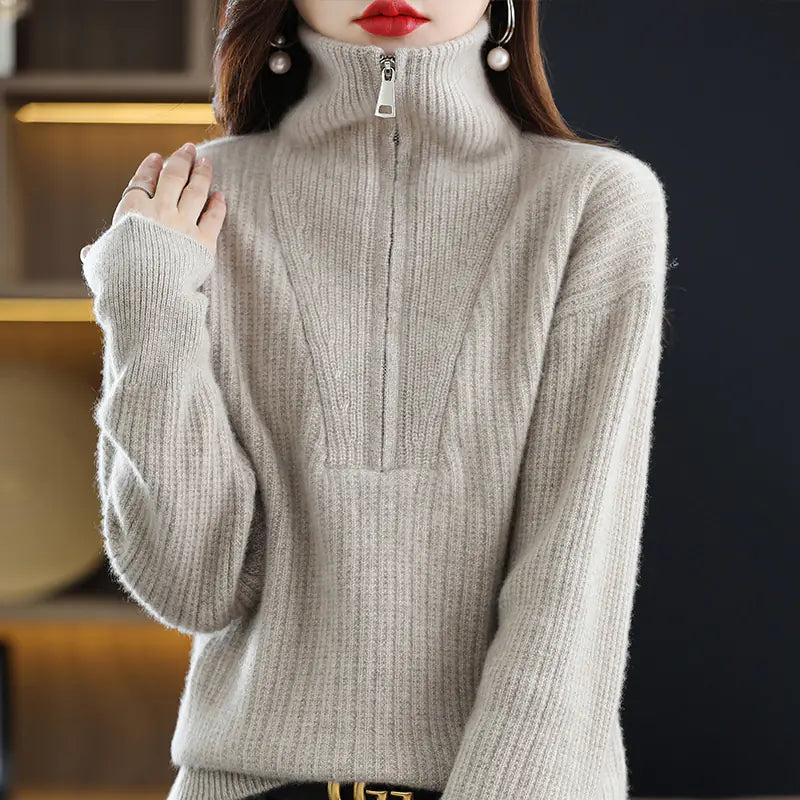 Women's 100% Merino Wool Thick Turtleneck Sweater - Zipper Front, Loose Fit | Winter Warmth