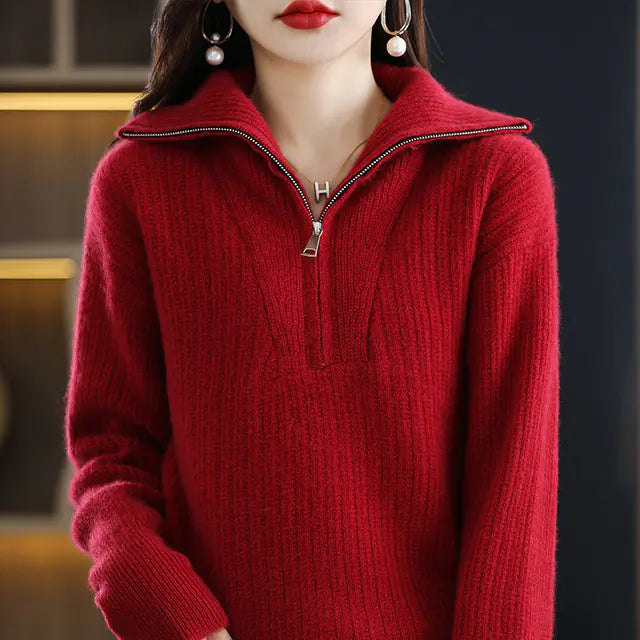 Women's 100% Merino Wool Thick Turtleneck Sweater - Zipper Front, Loose Fit | Winter Warmth