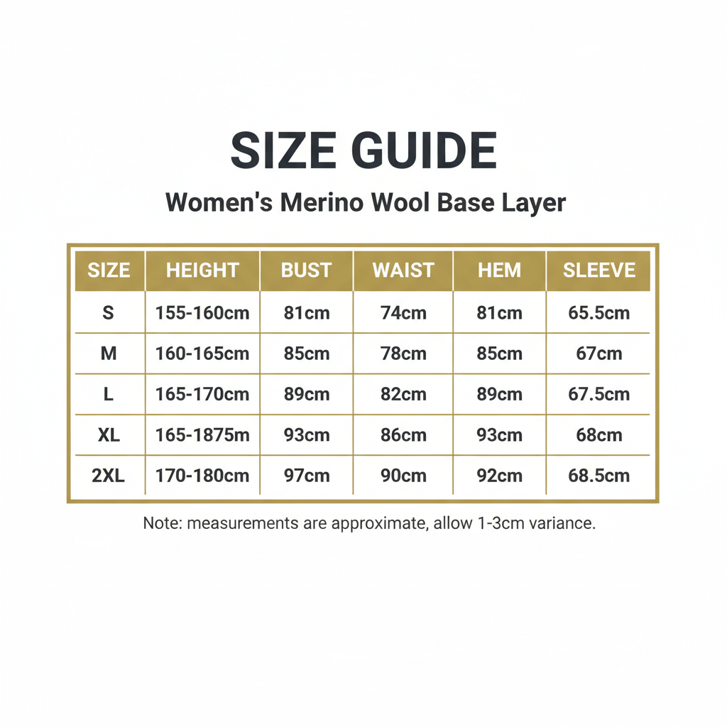 Women's Merino Wool Base Layer - Size Guide