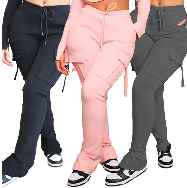High-Waist Utility Cargo Pants for Women - Wide Leg Multi-Pocket Drawstring Pants