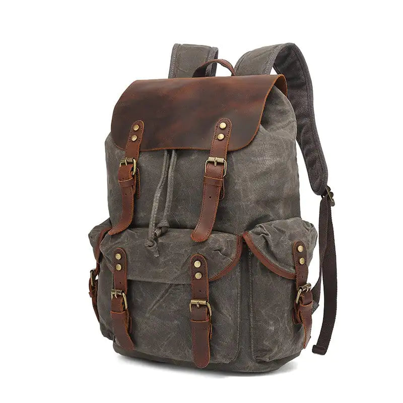 Waxed Canvas Computer Travel Bag with Leather Accents - 20-35L Laptop Backpack for Work & School